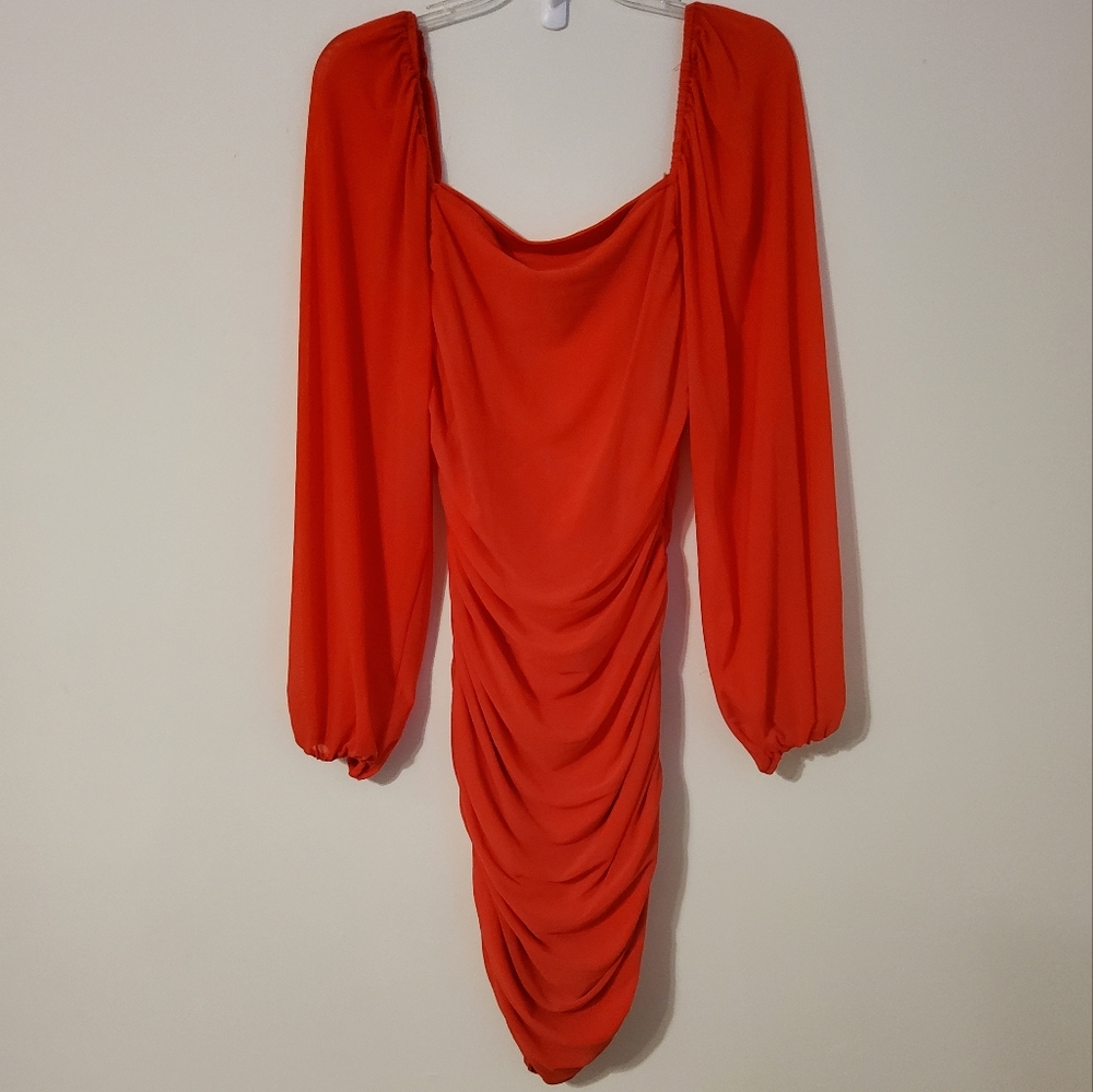 Elegant Red Orange Long Lantern Sleeves Ruched Midi Dress